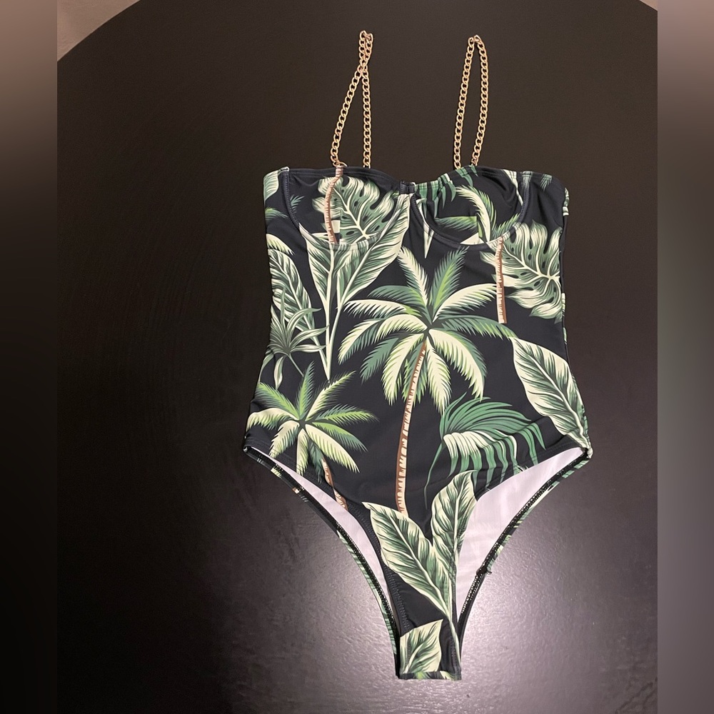 Women’s One Piece Swimsuit with Gold Chain Straps.